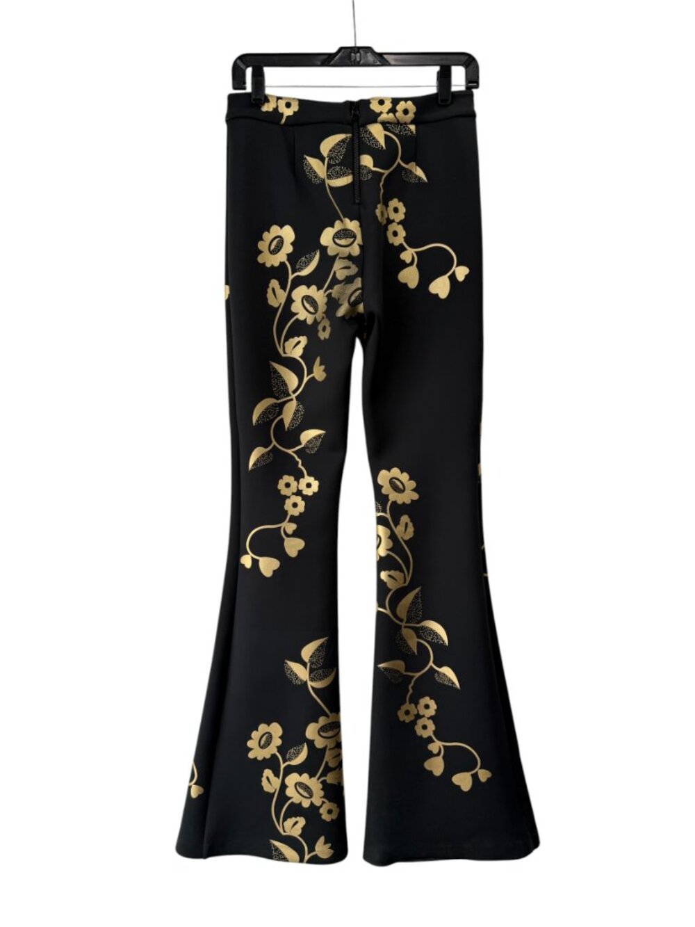 $375 Cynthia Rowley Black Metallic Gold Floral Bonded Slim Flare Pants sz 6/28" - Picture 3 of 6